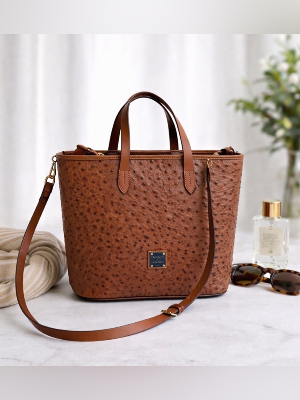 Dooney & Bourke Ostrich Embossed Leather Tote Cognac Brown Satchel